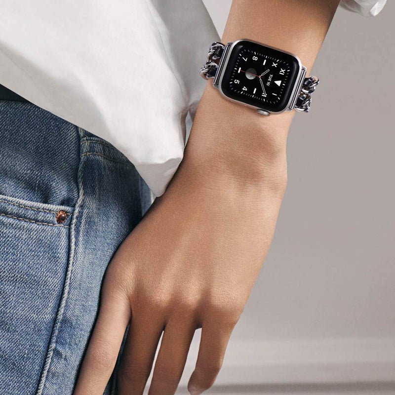 NewWays for Apple Watch Band Series 10 42mm 41mm 40mm 38mm Series9 8 7 SE 6 5 4 3, Jewelry Bracelet for iWatch Band for Women, Silver Link with Black Leather - Image 5